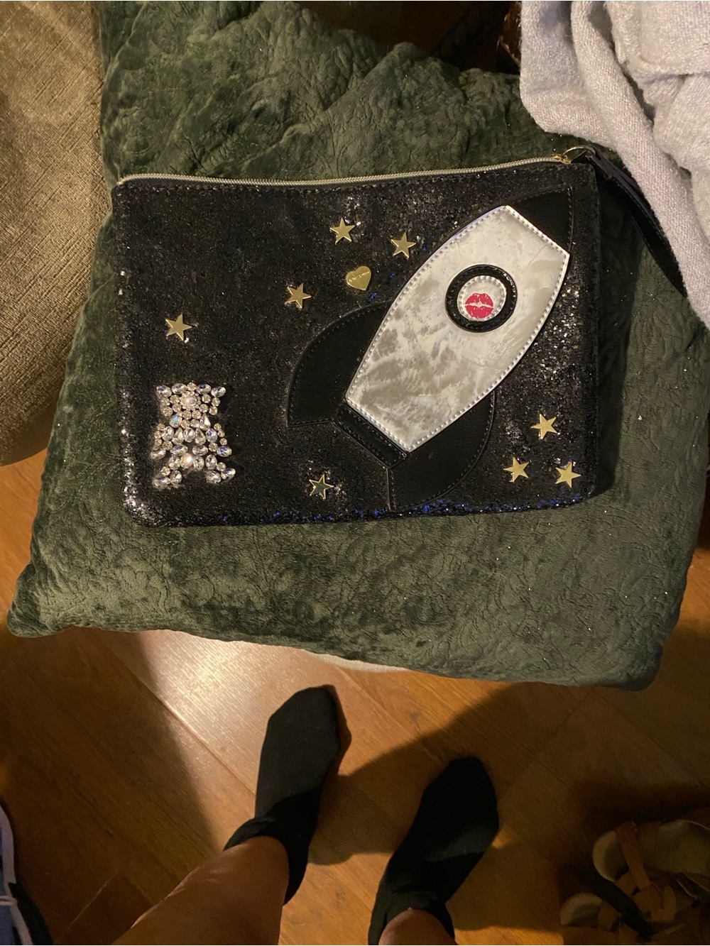 Betsey Johnson Black Sequin Rocket Mini Clutch with Silver Appliqué